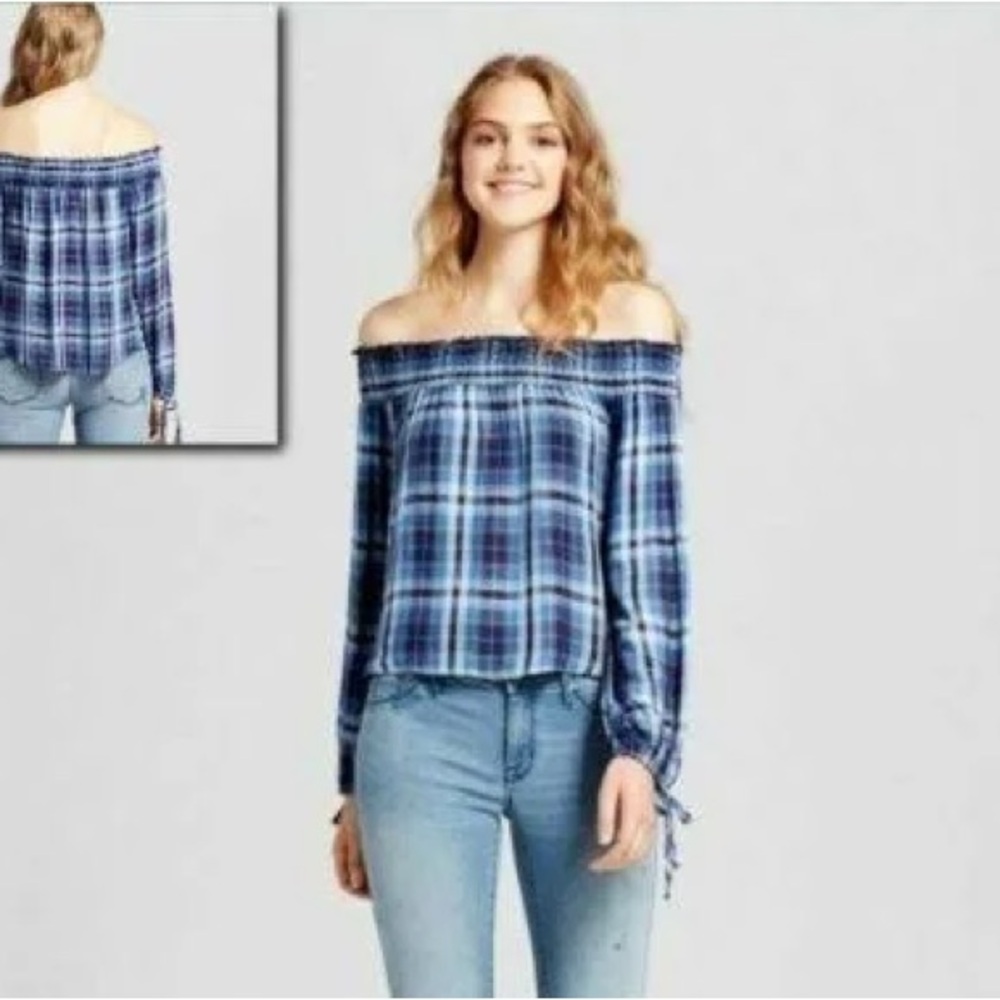 Women's Blue Plaid Off-Shoulder Top